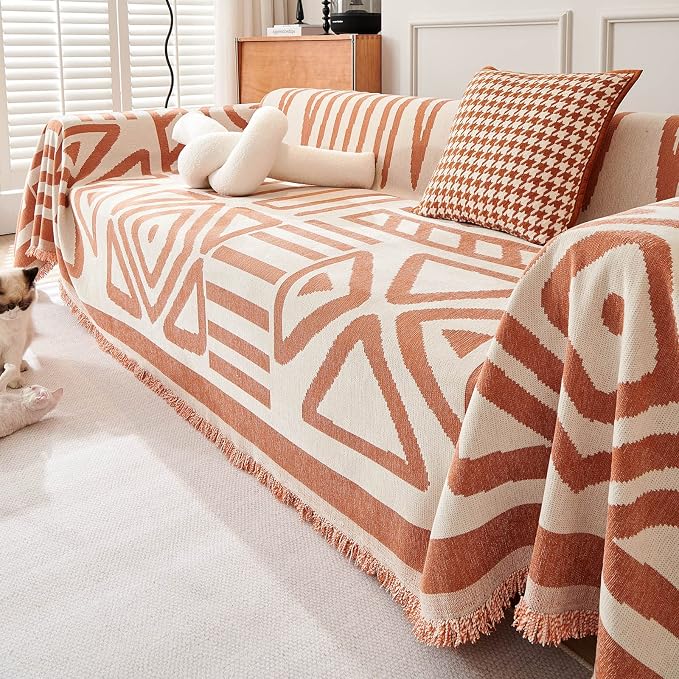 VClife Bohemian Sofa Covers for Dog, Washable Pet Slip Cover for Couch Sofa, Soft Cooling Chenille Couch Cover for 3 Cushion Couch Sofa Living Room Furniture Protector, Caramel-White, 71"X134" - Image 5