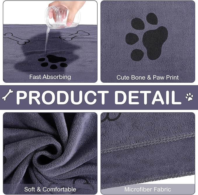 Chumia 8 Pcs Microfiber Dog Towels for Drying Dogs Cats 55 x 28 Inch Pet Towels Bulk for X-Large Puppy Absorbent Fast Drying Paw Bath Bathing Supplies for Pets(Dog Paw and Bone, Gray) - Image 5