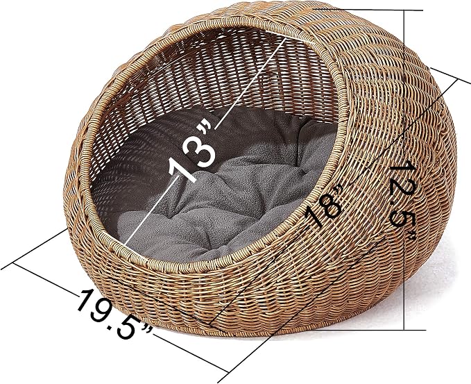 D+GARDEN Wicker Cat Bed Dome for Medium Indoor Cats - a Covered Cat Hideaway Hut of Faux Rattan Houses Pets in Dome Basket, Washable - Image 4