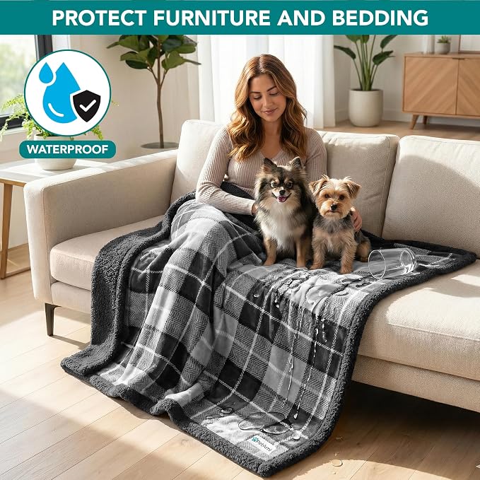 PetAmi Waterproof Dog Blanket for Couch, Large 60x40, Pee Proof Sherpa Fleece Reversible Pet Throw, Furniture Protector for Bed Sofa Kennel, Soft Washable Cover for Medium Dogs Cats, Plaid Dark Grey - Image 2