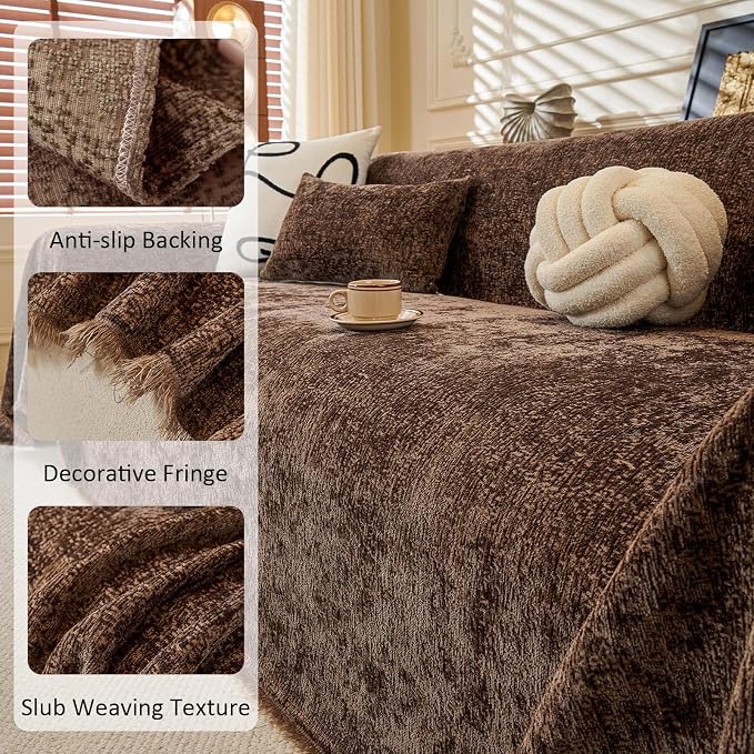 Chocolate Brown Soft Thick Chenille Couch Cover XL 71x134’’ | for All Shape Sofa Couch Sofa-Bed Slub Furniture Protector Machine Washable, Solid Brown Sofa Slipcover for Dog Pet Kid - Image 4