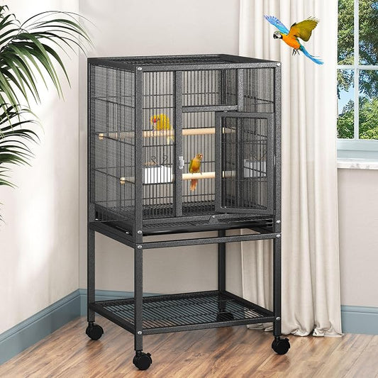 DWVO 41-inch Metal Bird Cage | Large Parrot Cages with Rolling Stand​ - Features Tray, Food Boxes & Wooden Perches by DWVO