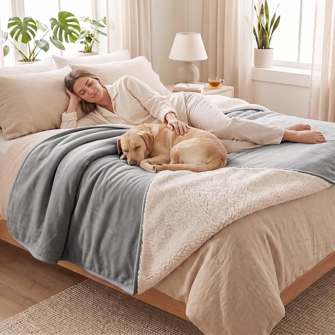 Waterproof Blanket for Bed - Dog Throw as Furniture Protector | Cozy Sherpa & Smooth Velvet, Reversible and Machine Washable, for Couch and bed, 86"x90", Grey by TuffeelHome