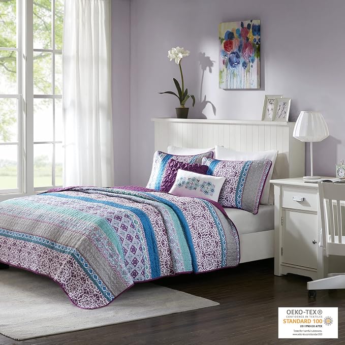 Intelligent Design Joni Reversible Cozy Quilt Set Casual Boho Design All Season Coverlet Bedspread, Matching Shams, Decorative Pillow, Twin/Twin X-Large, Purple 4 Piece - Image 2