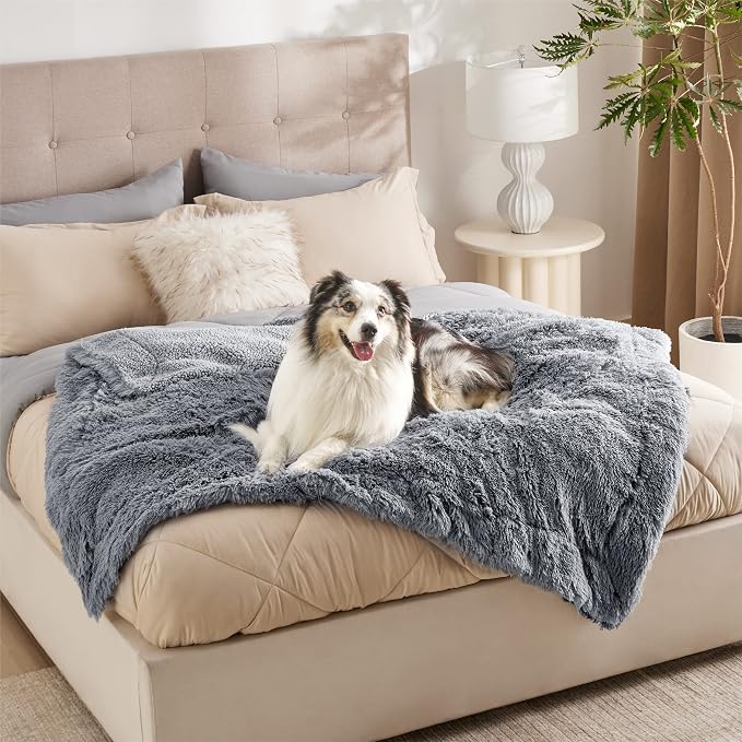 Bedsure Waterproof Dog Blankets for Large Dogs, Fluffy Faux Fur, 50×60" | Plush Fuzzy Reversible Pet Blankets for Couch and Dog Bed, Soft Calming Throw Cat Blanket Washable, Dog Gift, Grey - Image 3
