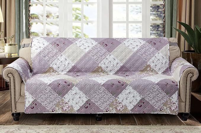 Brilliant Sunshine Lilac & Beige Roses Couch Cover, 78" seat | Non Slip Sofa Cover, Patchwork Design, Quilted Furniture Protector, Extra Large Washable Slipcover for Pets, Dogs & Cats by BrilliantSunshine