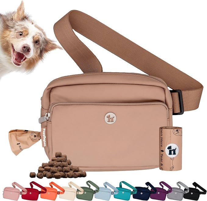 Puppington 3-in-1 Crossbody Dog Walking Bag & Treat Pouch with Matching Planet Safe Poop Bags & Built-In Dispenser - Dog Mom Gift for Puppy Training with Zippered Pockets (Latte Beige) by Puppington
