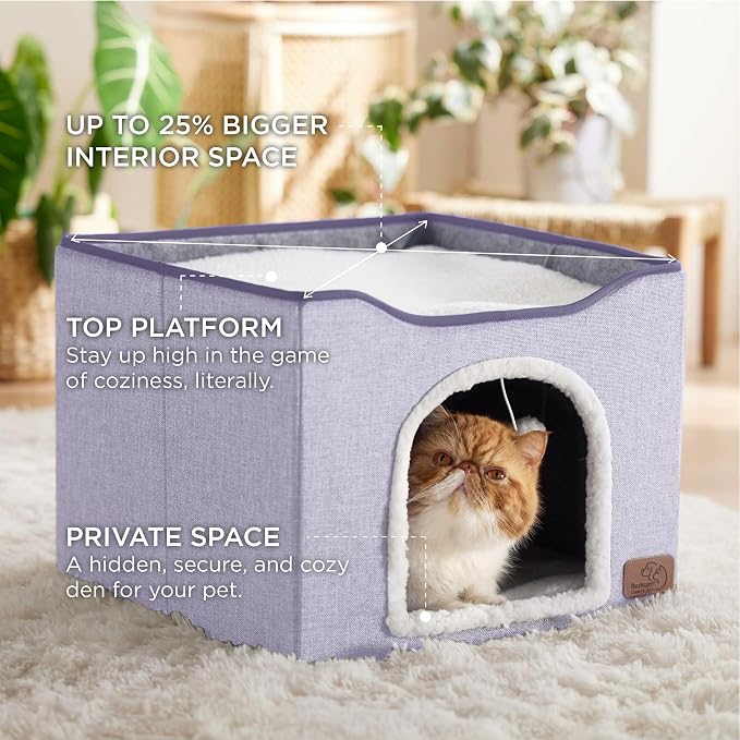 Bedsure Cat House Bed for Indoor Cats with Fluffy Ball and Scratch Pad | Cloud Purple 16.5x16.5x13 in,Large Cat Cave for Multiple Pets,Foldable Cat Hideway Cube for Sleeping Kitten - Image 2