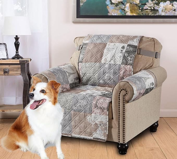 Brilliant Sunshine Latte Grey Paris & Toile Couch Armchair Cover, 23" seat | Patchwork Design, Non Slip Sofa Cover, Quilted Furniture Protector, Washable Chair Slipcover for Pets, Dogs & Cats by BrilliantSunshine