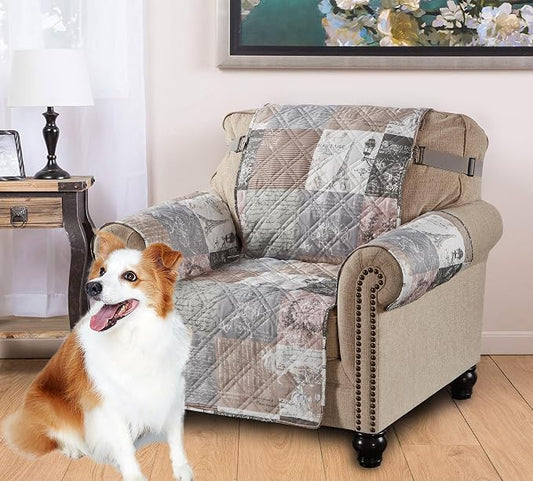 Brilliant Sunshine Latte Grey Paris & Toile Couch Armchair Cover, 23" seat | Patchwork Design, Non Slip Sofa Cover, Quilted Furniture Protector, Washable Chair Slipcover for Pets, Dogs & Cats by BrilliantSunshine