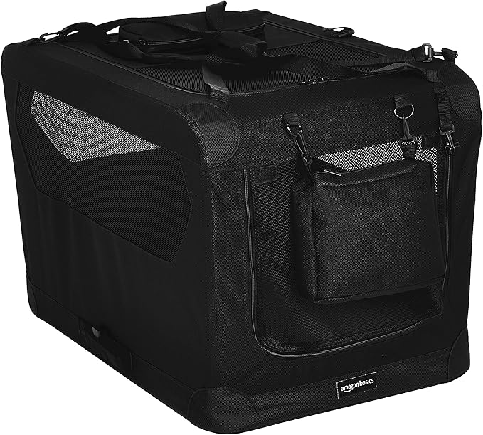 Amazon Basics Portable Soft Pet Dog Crate Carrier Kennel with Mesh Windows, Foldable, 30 x 21 x 21 inches, Black