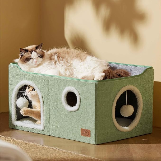 Bedsure Extra Wide Cat House Bed with Fluffy Ball and Scratch Pad,Green | 23.6x16.9x13 in,Indoor Cat Cave for Multiple Pets, Foldable Cat Hideway Cube for Sleeping Large Cat and Kitten - Image 7