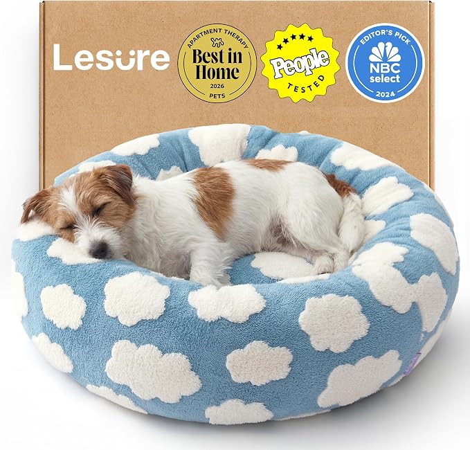 LE SURE Donut Small Dog Bed - Round Cat Beds for Indoor Cats as Gift, Cute Modern Home Decor Beds with Jacquard Shaggy Plush & Anti Slip Bottom, 27 Inch, Blue by Lesure