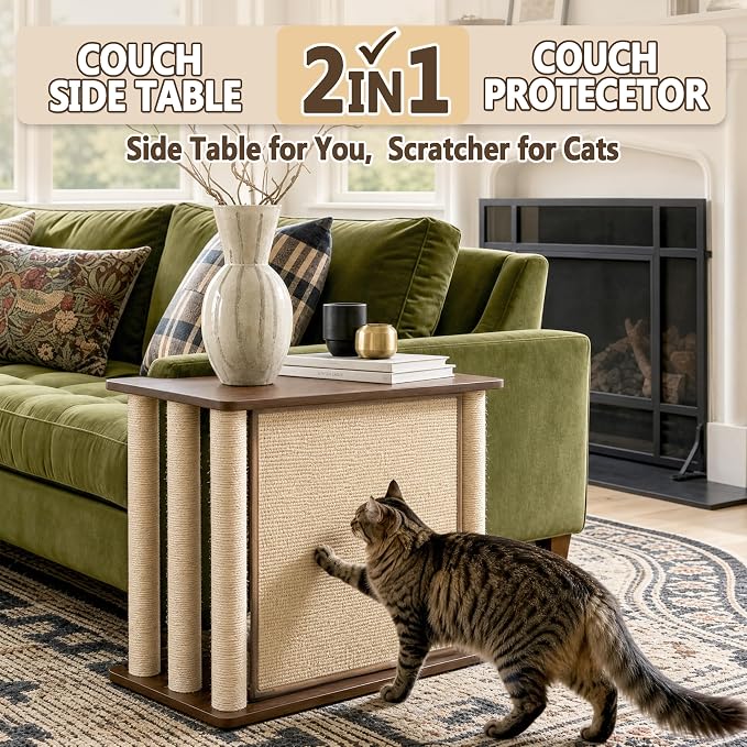 Couch End Table from Cat Scratch, Couch Protector with Sisal Scratching Post & Panel for Cat, Pet Corner for Wall & Furniture Protection, Walnut Left - Image 4
