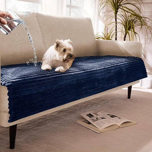 Dual Non-Slip Couch Cover for Dogs Waterproof, Fuzzy Soft Pet Couch Covers for Sofa 3 Cushion, Pet Friendly Soft Dog Bed Covers Sofa Cover Washable (Navy Blue, 33" x 95" 1 Pack) by Meider