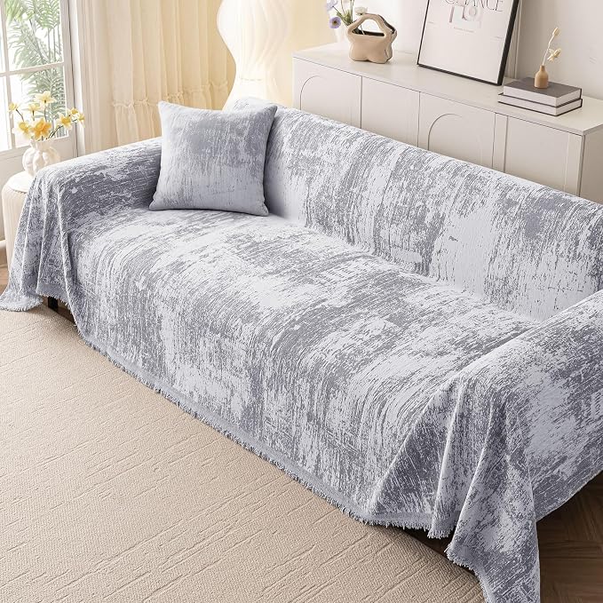 hyha Couch Cover for Dogs, Boho Chenille Sofa Cover for 3 Cushion Couch | Anti-Scratch Washable Sofa Slipcover, Loveseat Sectional Couch Throw Blankets with Tassels (Grey/White, 88.5x134 Inch) - Image 2