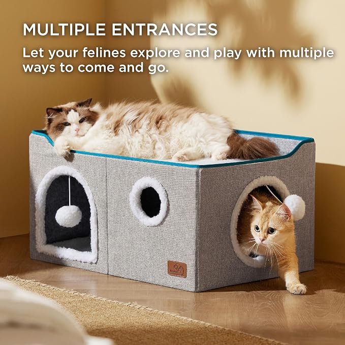 Bedsure Extra Wide Cat House Bed with Fluffy Ball and Scratch Pad,Grey | 23.6x16.9x13 in,Indoor Cat Cave for Multiple Pets, Foldable Cat Hideway Cube for Sleeping Large Cat and Kitten - Image 2