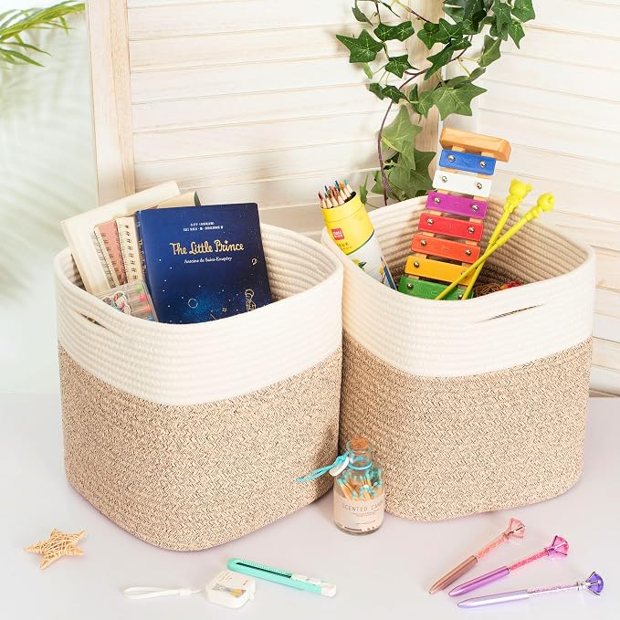 MINTWOOD Design 3-Pack 11x11in Woven Cube Storage Bin and Shelf Baskets, Cute Decorative Square Organizer for Closet, Classroom, Bathroom, Dog and Cat Toys, and Books, Light Brown - Image 4