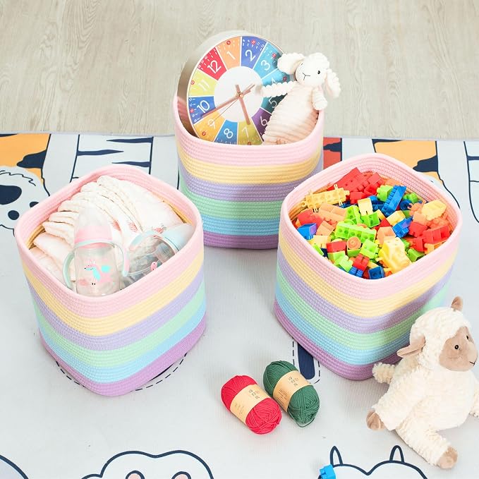 MINTWOOD Design 3-Pack 11x11in Woven Cube Storage Bin and Shelf Baskets, Cute Decorative Square Organizer for Closet, Classroom, Bathroom, Dog and Cat Toys, and Books, Pastel Rainbow - Image 5