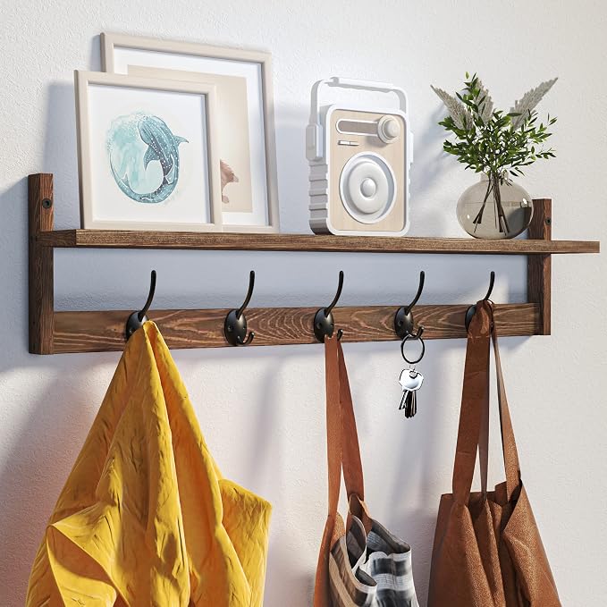 BAMEOS Wall Mounted Coat Rack with Adjustable Easy Install, Rust Proof, Brown Wooden Material, 28.9 Inch Length by BAMEOS