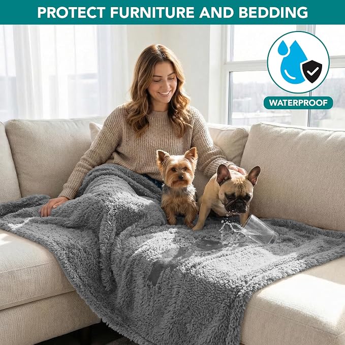 PetAmi Fluffy Waterproof Dog Blanket for Couch and Bed, Reversible Sherpa Pet Throw, Pee Proof Furniture Protector Sofa Cover, Washable Cat Blanket for Small Medium Dogs and Cats (Light Grey, 29x40) - Image 2