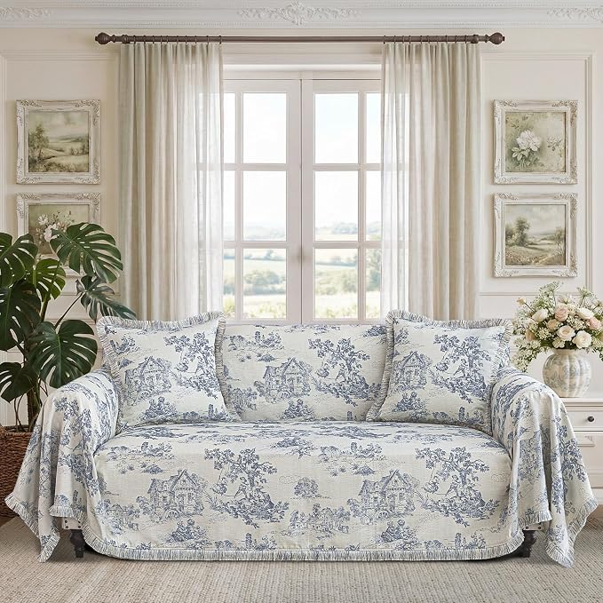 Loom and Mill Luxury Jacquard Toile Sofa Couch Covers, Blue, 71"x118" | French Country Style Sofa Throw Cover with Tassels for 2-3 Cushion Couch, Sectional Couch Cover Sofa Slipcover for Dogs Pets - Image 2