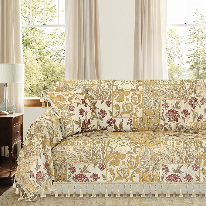 Loom and Mill Sofa Couch Covers Patchwork Design, Beige Yellow, 71"x118" | Luxury Damask Floral Sofa Throw Cover with Tassels for 2-3 Cushion Couch, Sectional Couch Cover Sofa Slipcover for Dogs Pets by LoomandMill