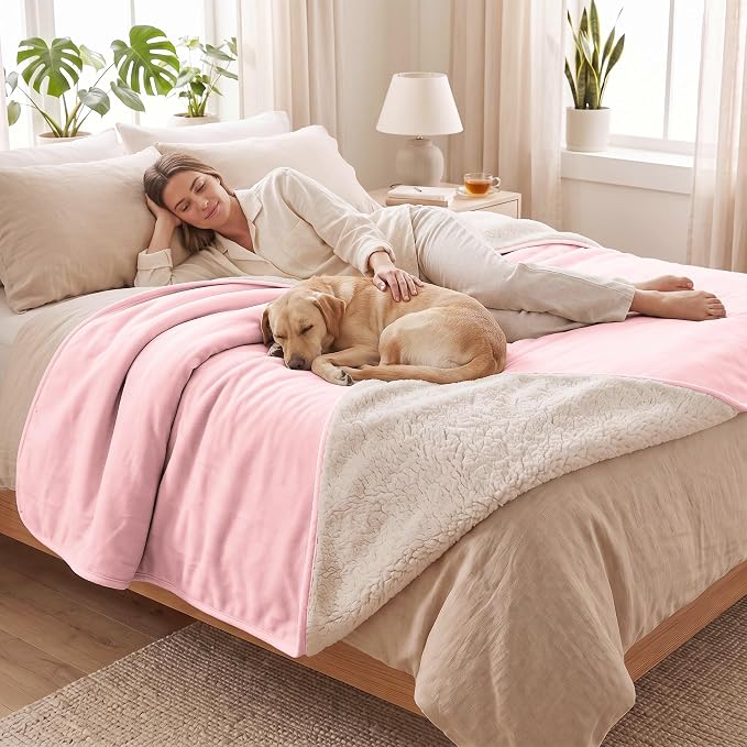 Waterproof Blanket for Bed - Dog Throw as Furniture Protector | Cozy Sherpa & Smooth Velvet, Reversible and Machine Washable, for Couch and bed, 60"x80", Pink by TuffeelHome