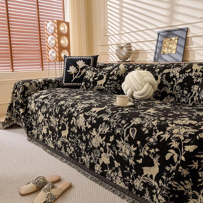 STACYPIK Soft Chenille Vintage Floral Sofa Cover, Washable Beige Black Couch Cover for 3 Cushion Couch, Decorative Couch Protector for Living Room, Loveseat Cover for Sectional with Tassels-71X134IN - Image 8