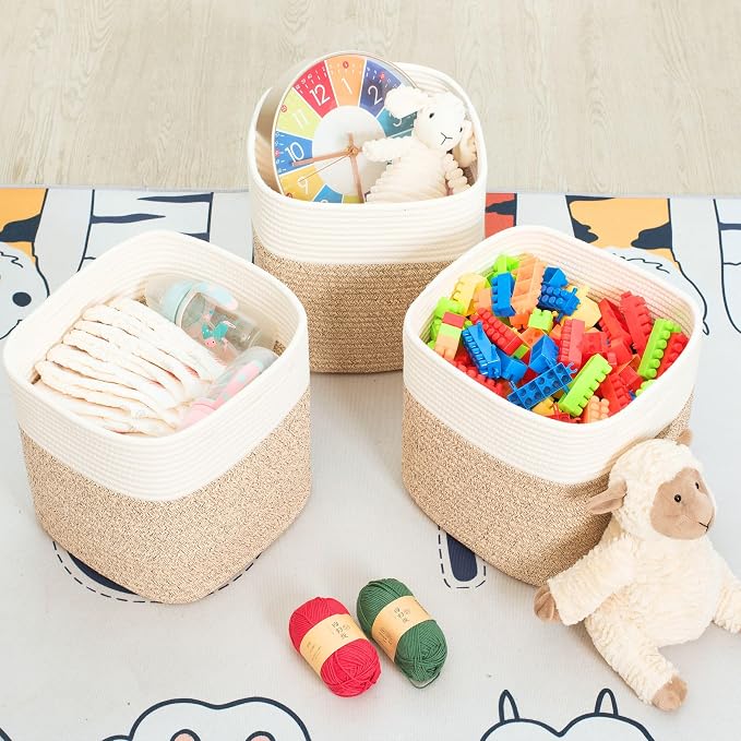 MINTWOOD Design 3-Pack 11x11in Woven Cube Storage Bin and Shelf Baskets, Cute Decorative Square Organizer for Closet, Classroom, Bathroom, Dog and Cat Toys, and Books, Light Brown - Image 5
