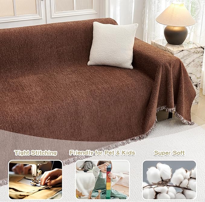 MYSKY HOME Chocolate Couch Cover Non Slip Dog Sectional Sofa Cover for 3 Cushion Couch Sofa Slipcover with Tassels Futon Cover Non Slip Washable Furniture Protector Cover for Pet, Cat, 91"x118" - Image 2