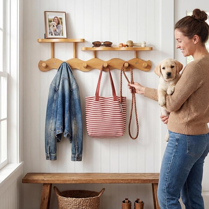 Wave-Shaped Bamboo Coat Rack Wall Mount with Shelf - Modern 6-Hook Rack | Modern Sculptural Wave Decor, Organic Wood Wall Organizer with Storage Shelf, Eco-Friendly Coat Rack for Hanging Bags, Keys - Image 2