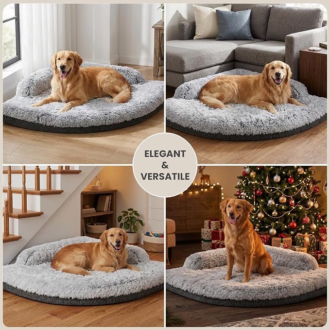 Corner Dog Bed Large, 36" Calming Fluffy Orthopedic Pet Beds, Grey | Space saving plush corner nest,egg-crate foam, washable cover, waterproof liner, non-slip bottom and bolsters for large dogs - Image 7