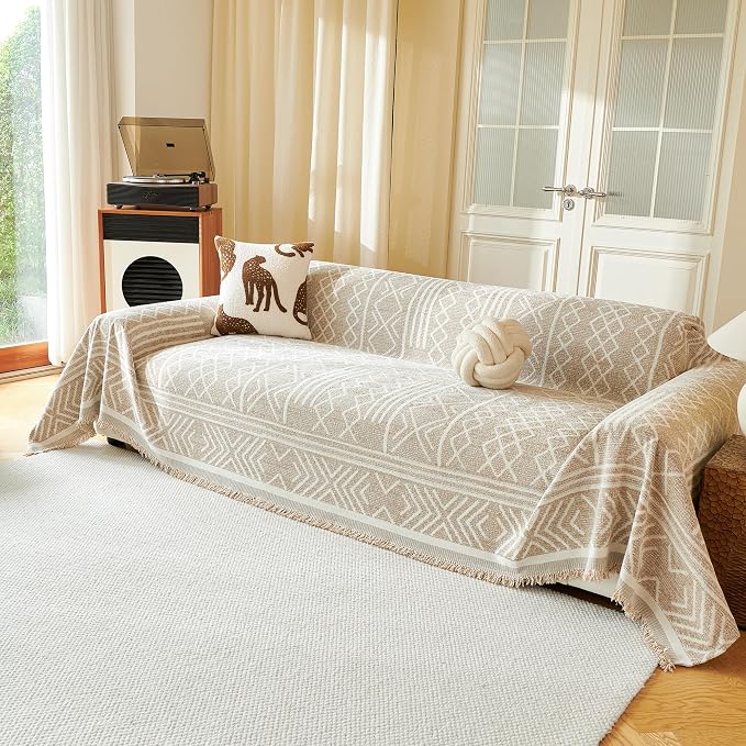 MEETSKY Boho Couch Cover Sofa Covers, Chenille Geometric Khaki Couch Covers for 2 Cushion Couch Sofa for Dogs, Washable Slipcover for Cat Sofa Protector with Tassels,71" x 118" - Image 5