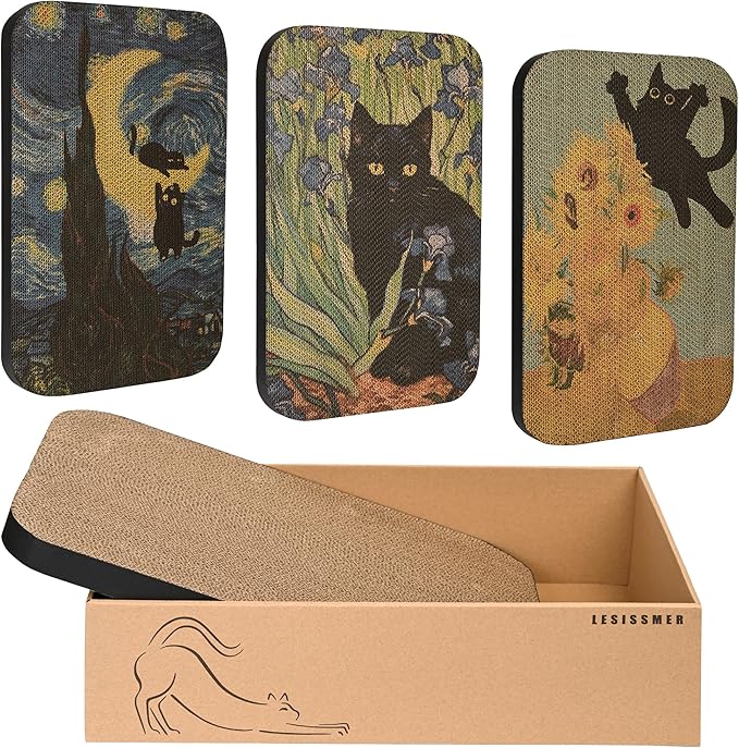 4 Pack Cat Wall Scratcher, Art Cat Scratching Board for Cats | Wall Mounted Cat Scratch Pad, Water-Based Ink, Hook&Loop Strips, Floor or Wall Use, 16.7x11x1 Inch by LESISSMER