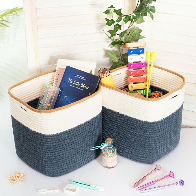 MINTWOOD Design 3-Pack 11x11 Inch Cube Storage Bin, Woven Storage Cube Organizer, Closet Organizer, Cute Square Storage Bins, Decorative Classroom Bathroom Pantry and Shelf Baskets, Prussian Blue - Image 4