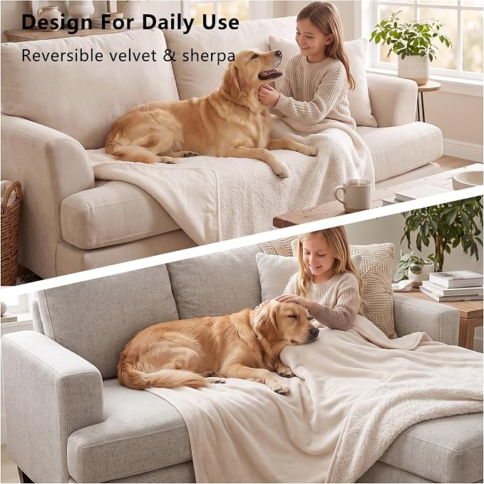 Waterproof Blanket for Couch - Dog Throw as Furniture Protector | Cozy Sherpa & Smooth Velvet, Reversible and Machine Washable, for Couch and bed, 50"x60", Beige - Image 5