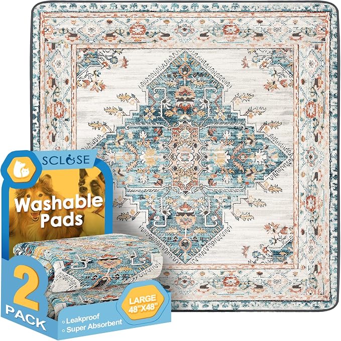 SCLOSE Washable Pee Pads for Dogs Large 2 Pack, 48" x 48" Reusable Puppy Pads Waterproof Dog Rugs, Super Absorbent, Leakproof, Dog Crate Pad, Playpen Mat, Whelping Pads, Blue Medallion by SCLOSE