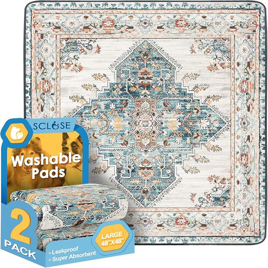 SCLOSE Washable Pee Pads for Dogs Large 2 Pack, 48" x 48" Reusable Puppy Pads Waterproof Dog Rugs, Super Absorbent, Leakproof, Dog Crate Pad, Playpen Mat, Whelping Pads, Blue Medallion by SCLOSE