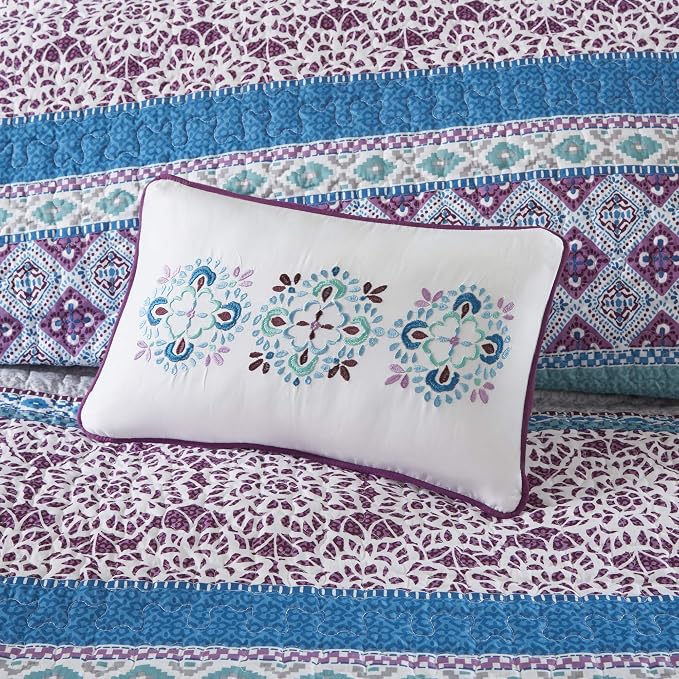 Intelligent Design Joni Reversible Cozy Quilt Set Casual Boho Design All Season Coverlet Bedspread, Matching Shams, Decorative Pillow, Twin/Twin X-Large, Purple 4 Piece - Image 6