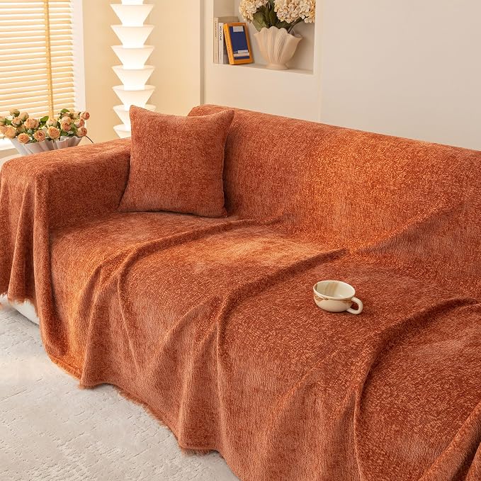Burnt Orange Thick Slub Chenille Couch Cover Ultra Soft for All Shape Sofa Couch Furniture Protector, Orange Sofa Slipcover Protector for Dogs Pets Kids XL 71x134’’ | for All Shape Sofa Couch Furniture Protector, Orange Sofa Slipcover Protector for Dog... - Image 5