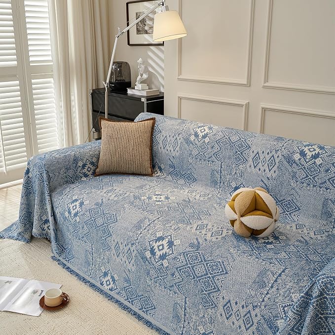 DREAMINGO Couch Covers for Sofa Boho Geometric Jacquard Vintage Sofa Covers 3 Seater Non Slip Chenille Furniture Protector for Dogs Pets Washable Sectional Couch Slipcovers, Blue, 71"x134" - Image 3