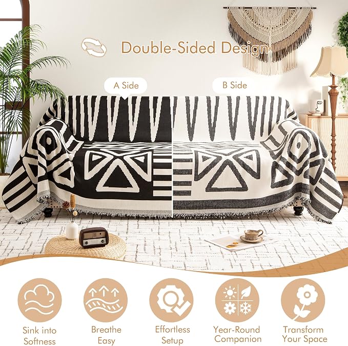 Couch Cover for 2-3 Cushion Couch Sofa Pet Friendly, Boho Sectional L Shaped Sofa Cover Washable for Dogs Cats Kids, Leather Furniture Protector Slipcover Decor for Living Room, 71"x118" - Image 2