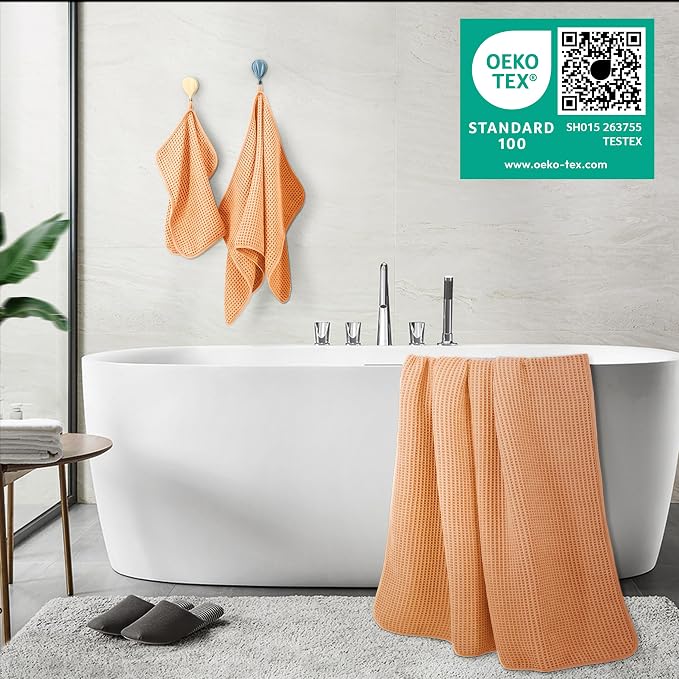 POLYTE 430 GSM Microfiber Quick Dry Lint Free Oversize Bath Towel Set, 6 Piece (Waffle Weave) - Image 3