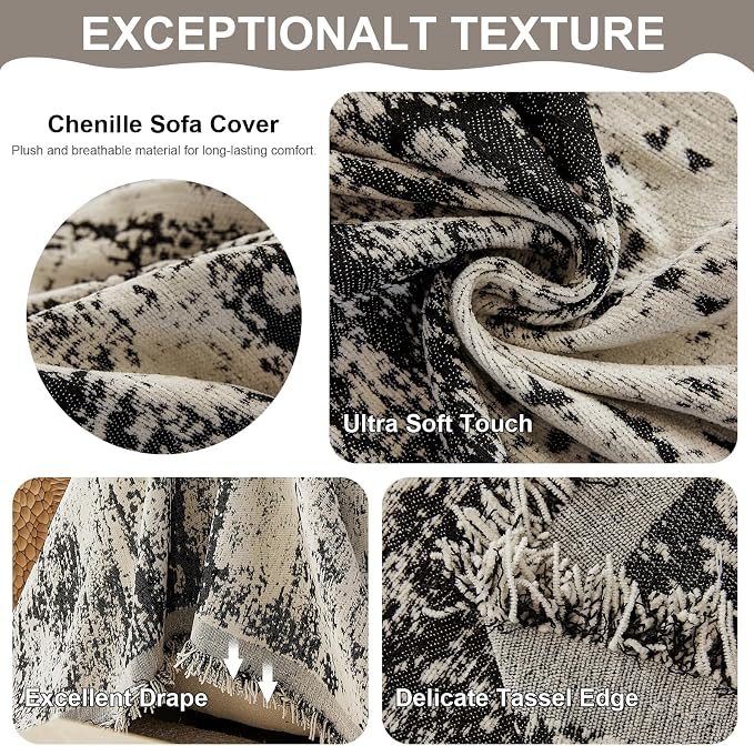 VClife Boho Couch Cover, Non Slip Soft Couch Covers for 3-4 Cushion Couch Sofa Pet Friendly, Irregular Vintage Black Off-White Scraped Texture Furniture Protector Sofa Slipcover for Dog, 71" X 150" - Image 3