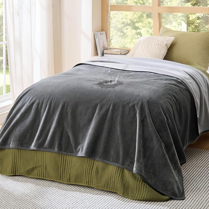 Bedsure Waterproof Blanket for Bed Soft Flannel Fleece, Twin 60"x80" Grey | Dog Blankets for Large Senior Dogs，Couch Cover Throw for Pet Leakproof, Furniture Protector for Travel Camping by BEDSURE