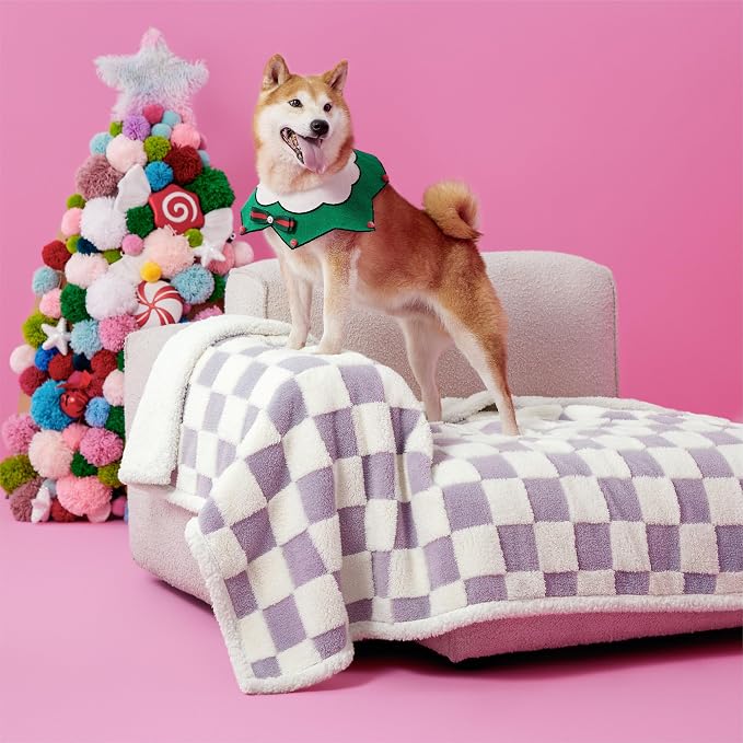 LE SURE Waterproof Dog Blankets for Large Dogs Cute Cozy 3D Jacquard,40x50 | Warm Soft Pet Blanket for Senior Dogs Aesthetic Gift, Washable Sherpa Throw, Reversible Couch Protector, Lavender Checks by Lesure
