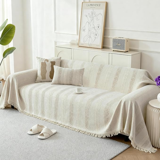 Couch Cover for Sofa, Boho Sofa Covers Washable 3 Cushion for Dogs | Chenille Sofa Slipcover for Pet, L-Shape Sectional Furniture Cover Soft Blanket Loveseat Protector, Striped Beige, 71"x118" by KaviKon