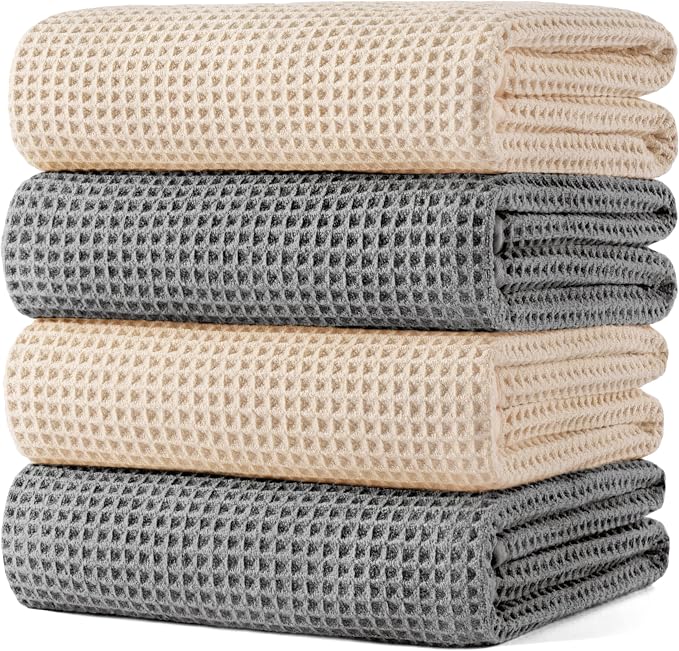 POLYTE 430 GSM Microfiber Oversize Quick Dry Lint Free Bath Towel, 60 x 30 in, 4 Pack (Waffle Weave) by Polyte