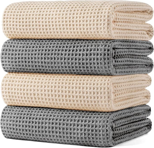 POLYTE 430 GSM Microfiber Oversize Quick Dry Lint Free Bath Towel, 60 x 30 in, 4 Pack (Waffle Weave) by Polyte